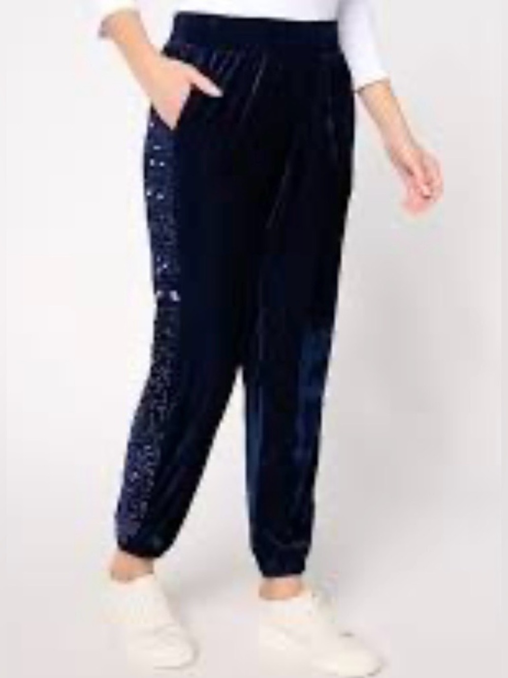 LOGO Lavish by Lori Goldstein velvet sequin stripe joggers in sapphire